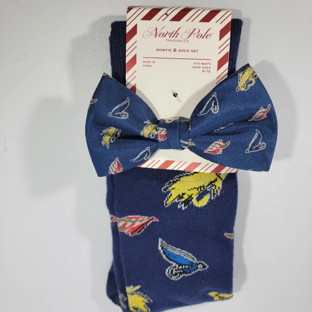 Mens Bowtie Coordinating Socks Set Blue FISHING LURES Bowtie & Socks Navy NEW
